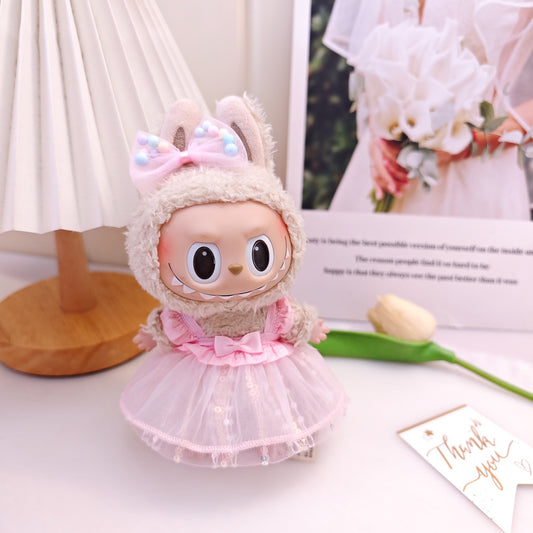 Labubu Doll Pink Gauze Skirt & Hair Accessories for 17cm Vinyl Doll