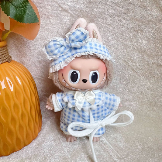 Clothes only] 15cm blind box pull cloth clothes Blue pink plaid pajamas three-piece Labubu dress-up new women's