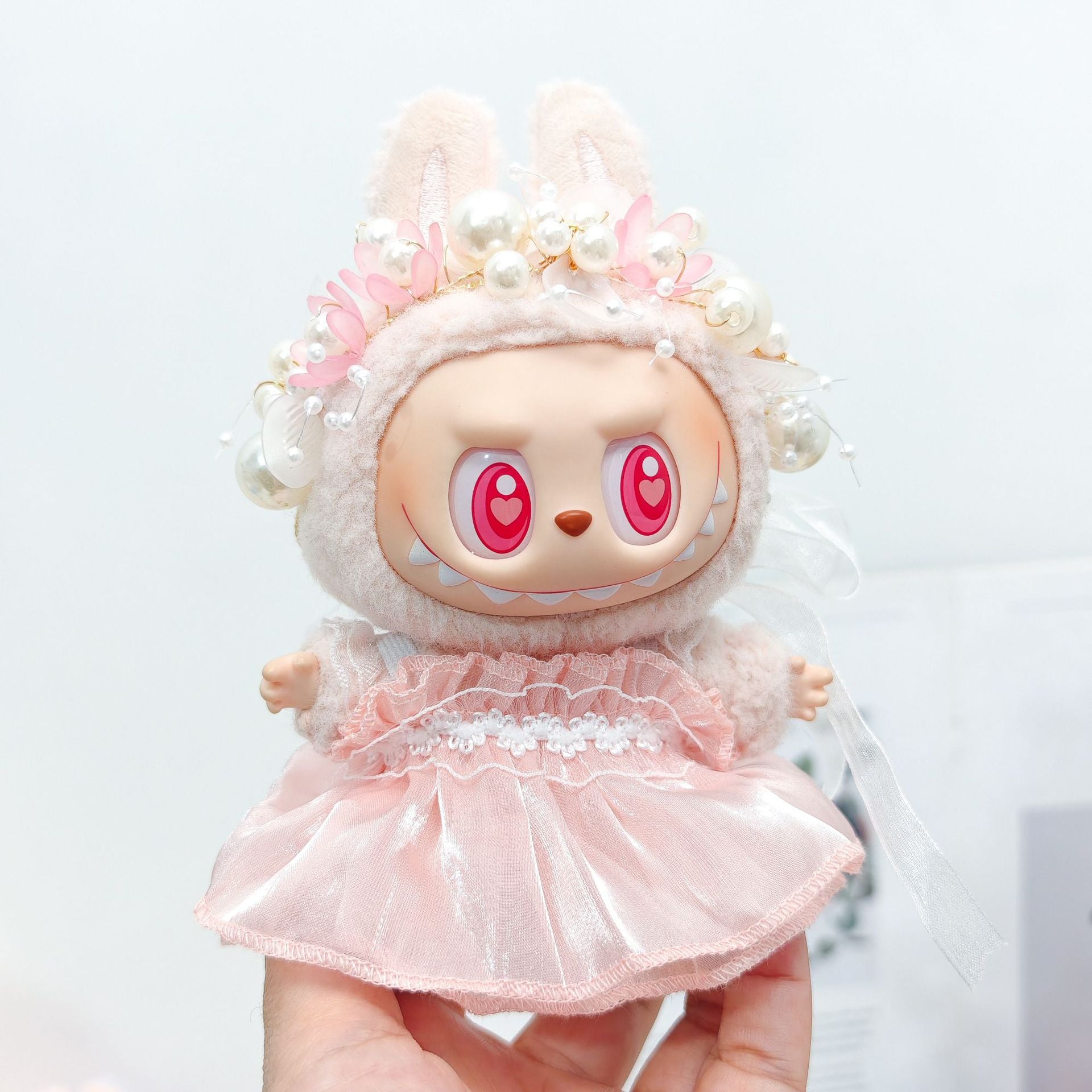 Labubu Doll Outfit - Pink, Purple, White Double Layer Gauze Skirt with Pearl Hair Accessories & Straw Hats