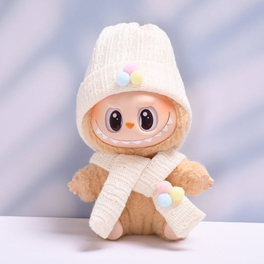 Labubu Winter Hat & Scarf Set for 2nd Gen Pendant Doll - Off-White & Brown Bunny Sweater