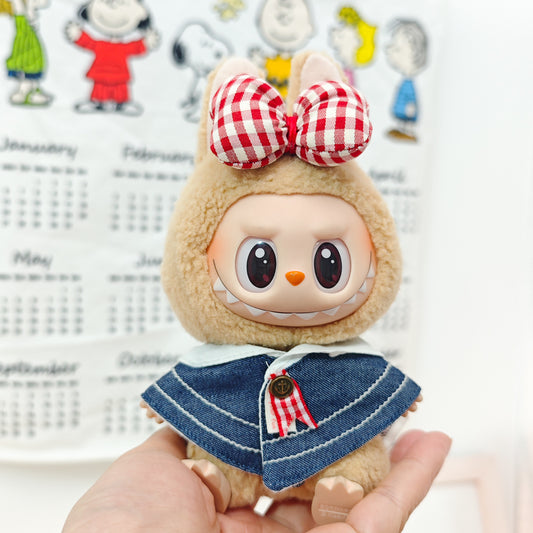 Labubu Doll Denim Shawl & Black Leather Skirt Outfit for 1st-3rd Gen Pendants