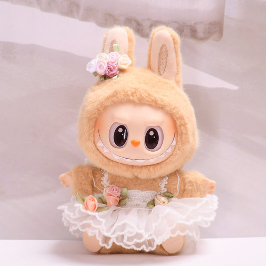 Labubu Flower Fairy Wedding Dress Outfit for Sitting Doll - White & Pink