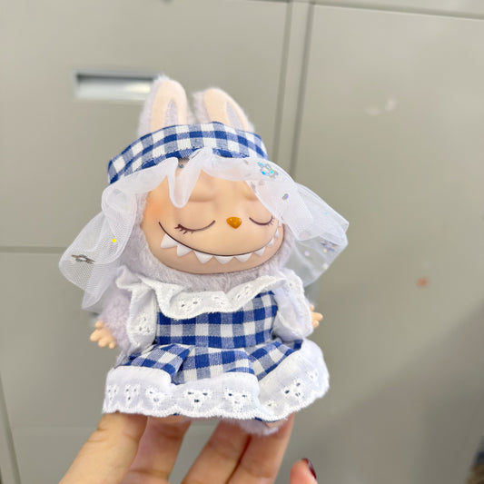 Only clothes] pendant pull cloth clothes one or two generation blind box LABUBU wear for blue and white lace skirt two-piece set