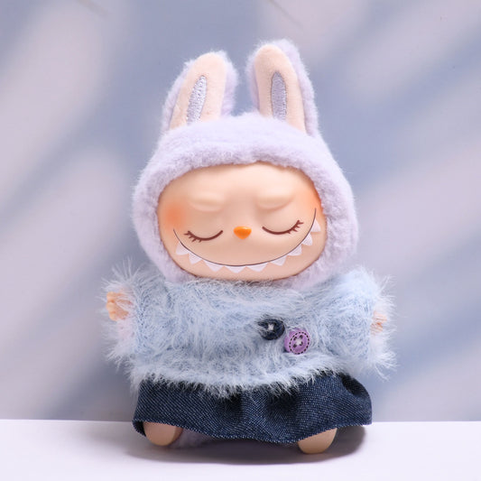 Labubu Doll Outfit - Furry Button Top & Denim Skirt/Jeans for 2nd Gen Pendant
