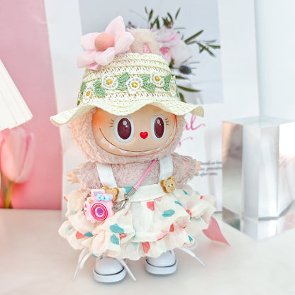 Labubu Doll Outfit Set - Love Skirt, Straw Hat & Camera for 15-17cm Doll