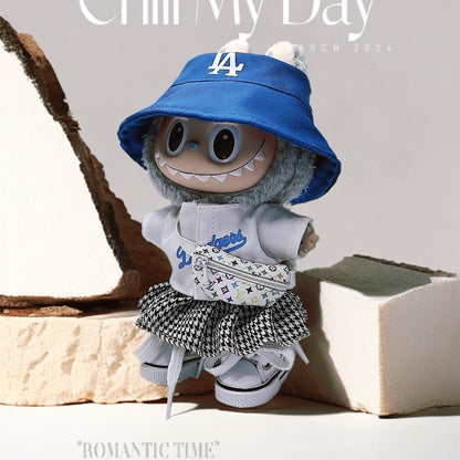 Labubu Doll Outfit Set - Blue Hat, T-Shirt & Plaid Skirt