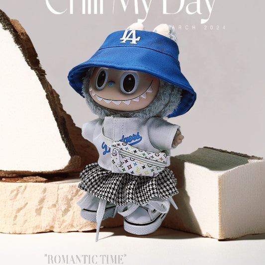 Labubu Doll Outfit Set - Blue Hat, T-Shirt & Plaid Skirt