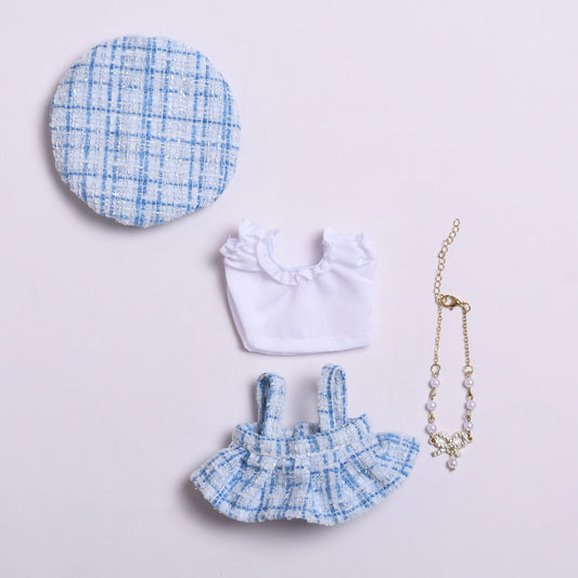 Labubu Doll Clothes - Blue & Pink Beret Tweed Style Suit for 17cm Vinyl Dolls